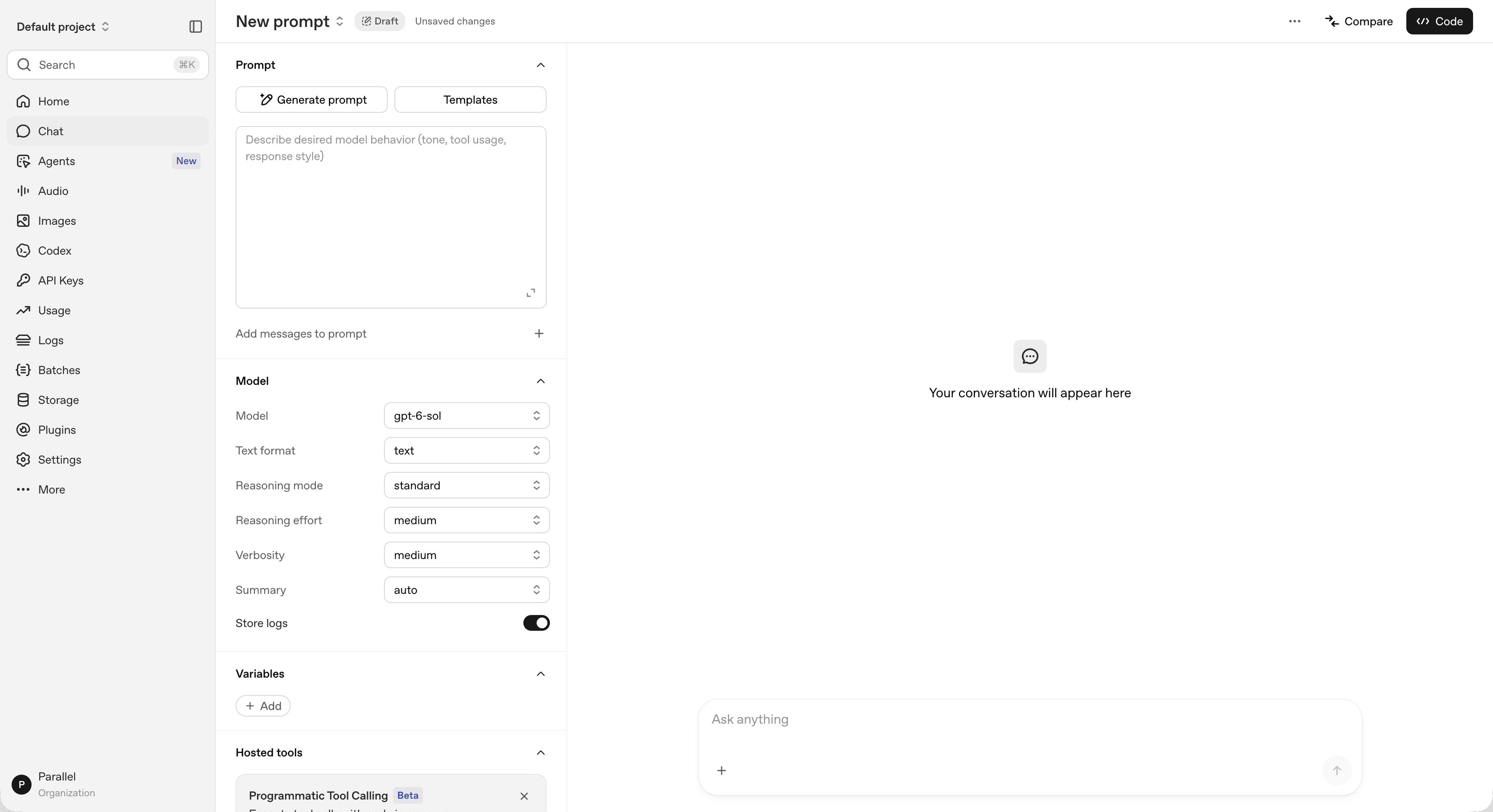 OpenAI Platform playground with the gpt-6-sol model selected